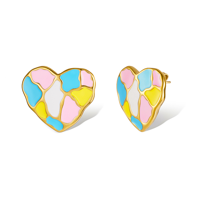 Romantic Enamel Heart Shape Gold Color Stainless Steel Big Earring Simple Jewelry