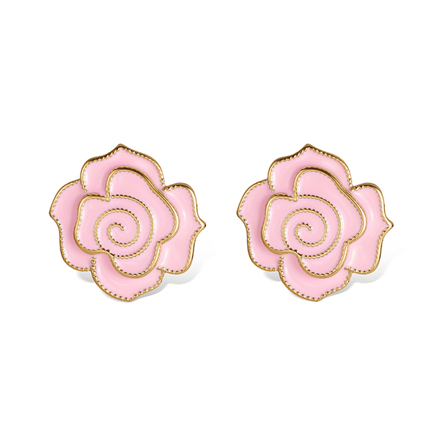 Pink Color Enamal Flower Piercing Stud Earring Stainless Steel Jewelry No-Fading