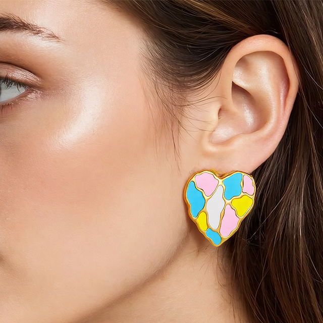 Romantic Enamel Heart Shape Gold Color Stainless Steel Big Earring Simple Jewelry