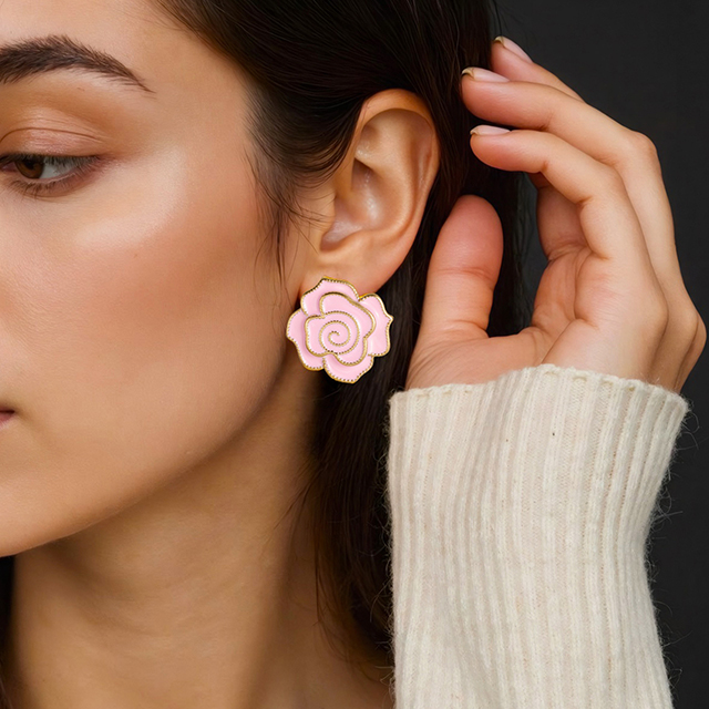 Pink Color Enamal Flower Piercing Stud Earring Stainless Steel Jewelry No-Fading