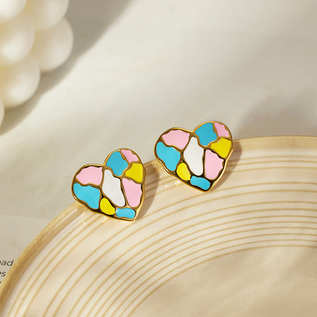 Romantic Enamel Heart Shape Gold Color Stainless Steel Big Earring Simple Jewelry