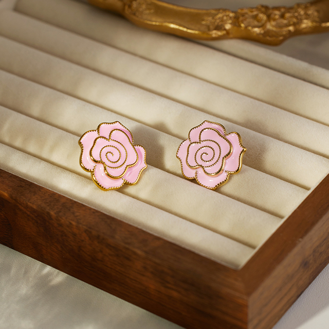 Pink Color Enamal Flower Piercing Stud Earring Stainless Steel Jewelry No-Fading