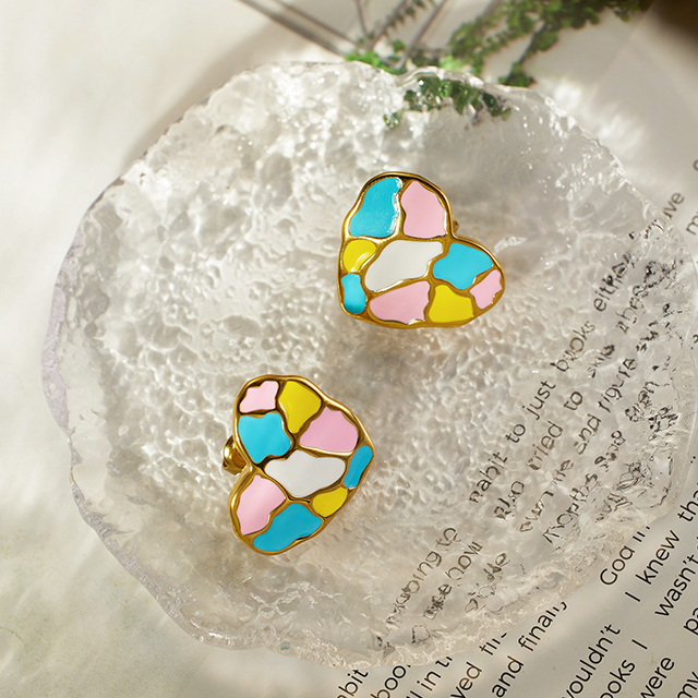 Romantic Enamel Heart Shape Gold Color Stainless Steel Big Earring Simple Jewelry