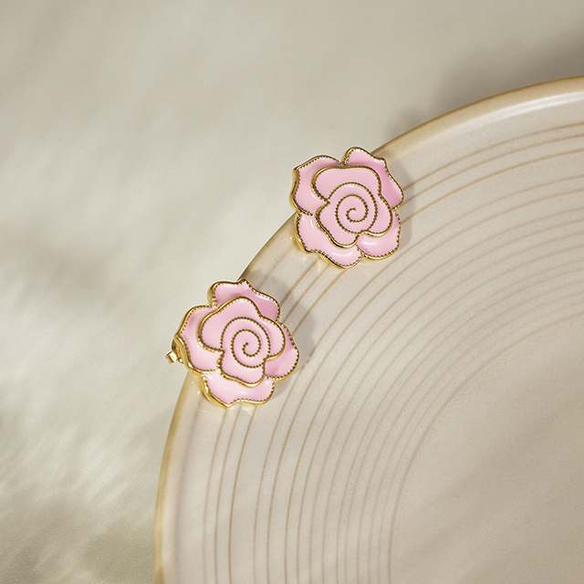 Pink Color Enamal Flower Piercing Stud Earring Stainless Steel Jewelry No-Fading