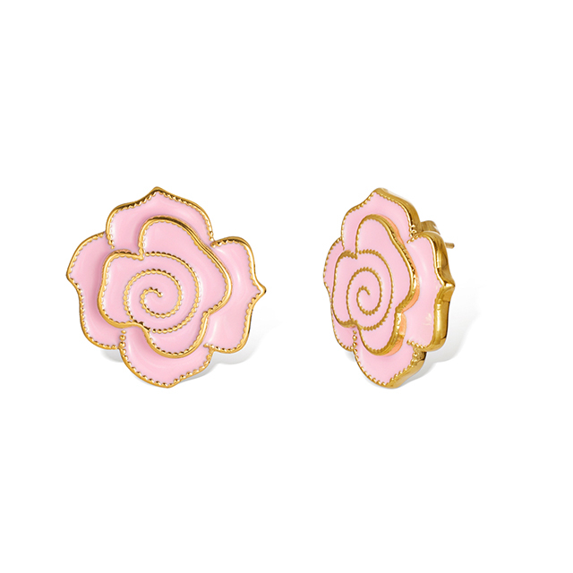 Pink Color Enamal Flower Piercing Stud Earring Stainless Steel Jewelry No-Fading